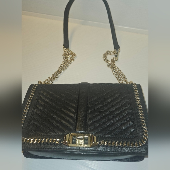 Rebecca Minkoff Love Crossbody Bag Black Chevron Quilted Leather with Gold Chain - Picture 9 of 16